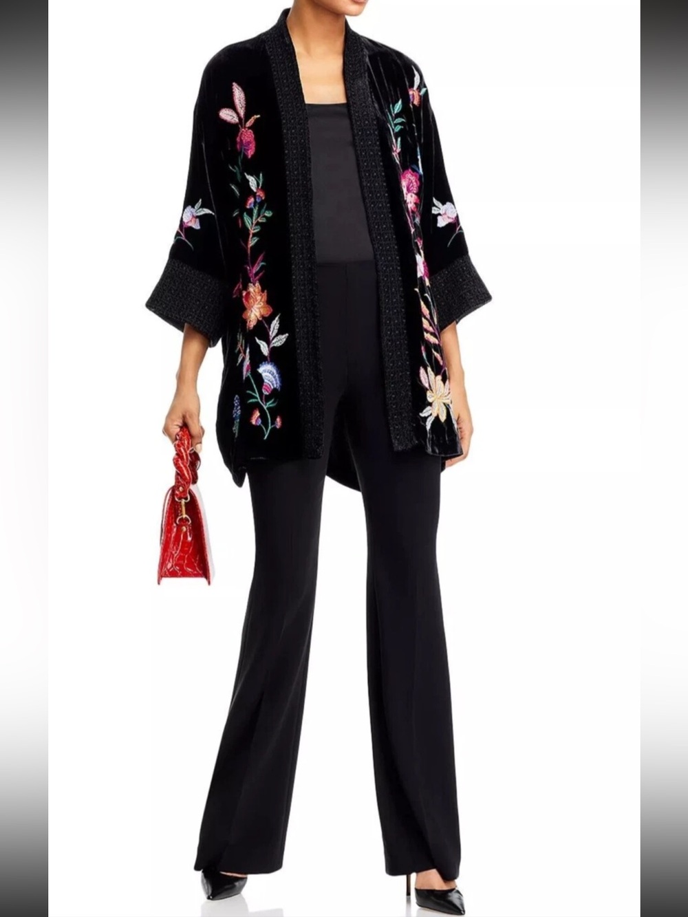 Johnny Was Sandra Embroidered Black  Velvet Kimono Size Medium